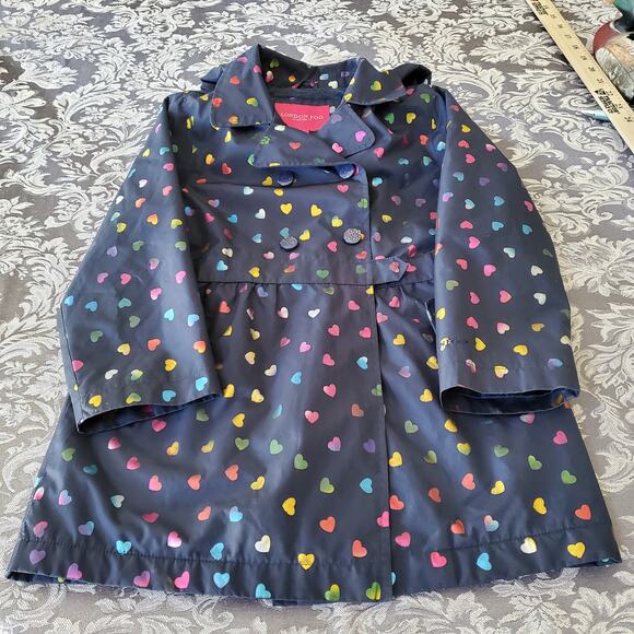 London Fog Girls 6X Rainbow Heart Hooded Rain Coat Jacket Fleece Lined Navy - Picture 2 of 9